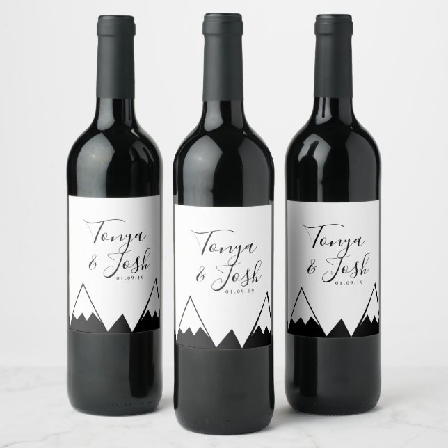 Mountain Triangle Tops Black and White Wedding Wine Label (Bottles)