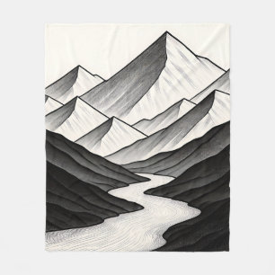 Mountain Valley River Line Art Peaks Fleece Blanket