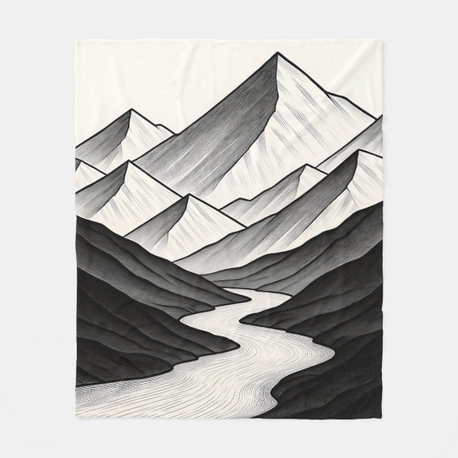 Mountain Valley River Line Art Peaks Fleece Blanket (Front)