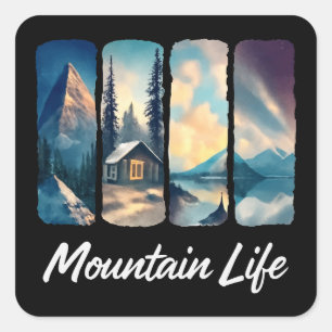 Mountain View with Forest Cabin and Lake Square Sticker