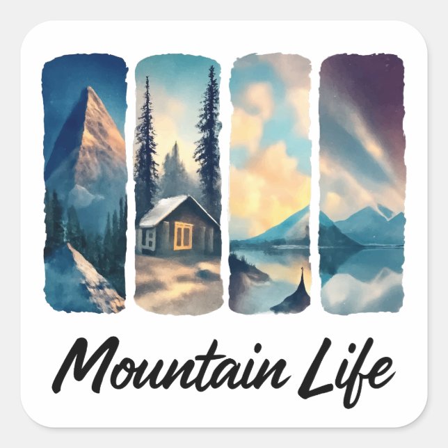 Mountain View with Forest Cabin and Lake Square Sticker (Front)