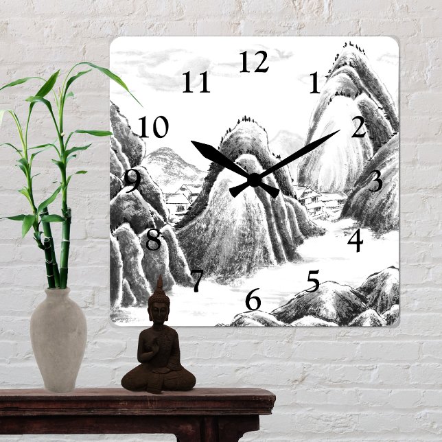 Mountain Village - Ink Square Wall Clock (Creator Uploaded)