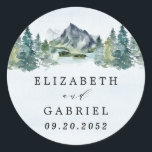 Mountain Watercolor Elegant Rustic Themed Wedding Classic Round Sticker<br><div class="desc">Design features an elegant watercolor mountain view scenery with a modern style text layout.</div>