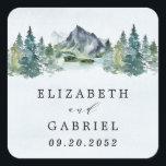 Mountain Watercolor Elegant Rustic Themed Wedding Square Sticker<br><div class="desc">Design features an elegant watercolor mountain view scenery with a modern style text layout.</div>