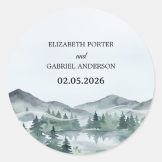 Mountain Watercolor Evergreen Rustic Tree Wedding Classic Round Sticker