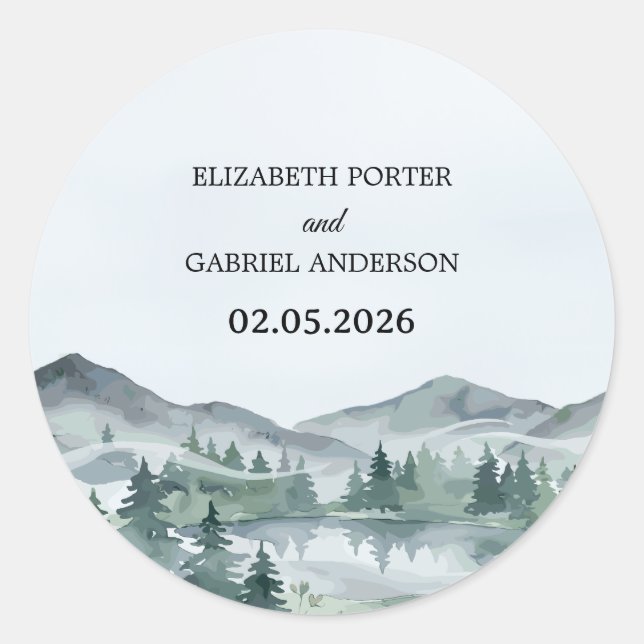 Mountain Watercolor Evergreen Rustic Tree Wedding  Classic Round Sticker (Front)