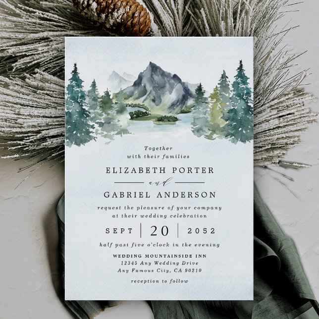 Mountain Watercolor Evergreen Rustic Tree Wedding Invitation (Creator Uploaded)