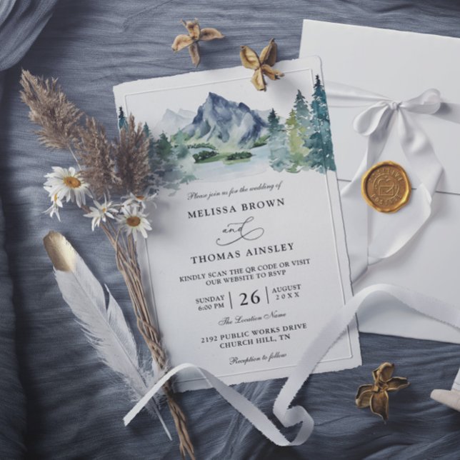 Mountain Watercolor Rustic Budget QR Code Wedding Invitation (Creator Uploaded)