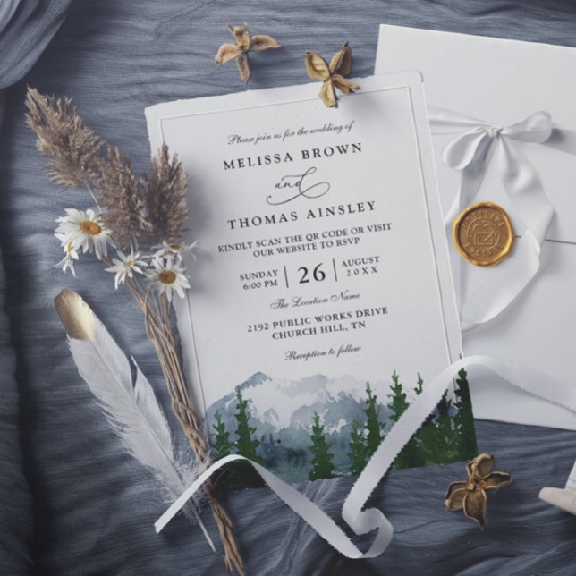 Mountain Watercolor Rustic Forest QR Code Wedding Invitation (Creator Uploaded)