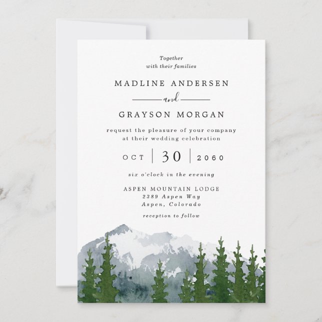 Mountain Watercolor Rustic Pine Tree Wedding  Invi Invitation (Front)