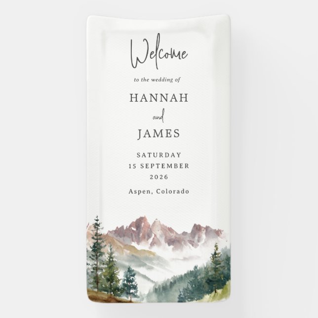 Mountain Watercolor Rustic Wedding Welcome Banner (Vertical)