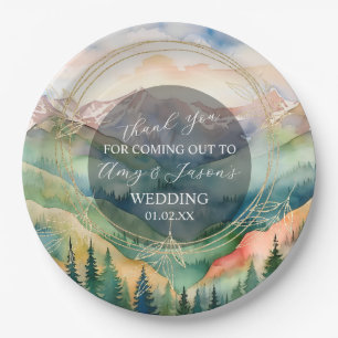 Mountain Watercolor Scenery Destination Wedding Paper Plate