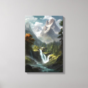 Mountain Waterfall Serenity - Nature Landscape Art Canvas Print