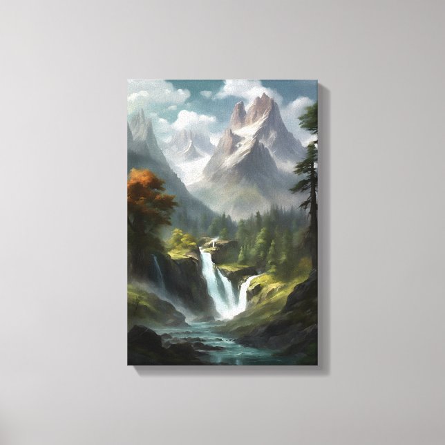 Mountain Waterfall Serenity - Nature Landscape Art Canvas Print (Front)