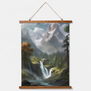 Mountain Waterfall Serenity - Nature Landscape Art Hanging Tapestry