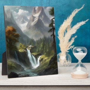 Mountain Waterfall Serenity - Nature Landscape Art Plaque