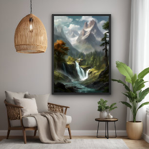 Mountain Waterfall Serenity - Nature Landscape Art Poster