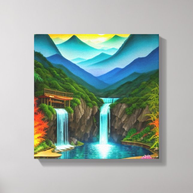 Mountain Waterfalls Into Shimmering Pond  Canvas Print (Front)