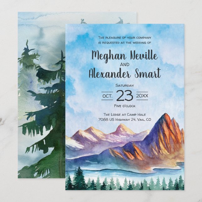 Mountain Wedding Invitation with water and forest (Front/Back)