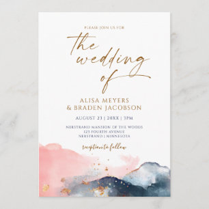Mountain Wedding Modern Watercolor Navy Pink Gold Invitation