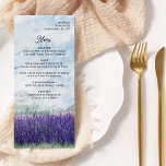 Mountain Wedding Watercolor Lavender Landscape Menu<br><div class="desc">Mountain Wedding menu, perfect for a mountain wedding resort or destination wedding in scenic countryside. The design features modern typography and an idyllic watercolor landscape. The dreamy mountain ridge scene depicts mountains, green hills and a peaceful country valley meadow with swathes of lavender, purple wildflowers or highland heather moor -...</div>