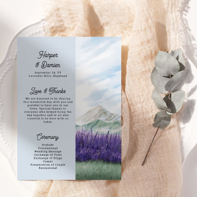 Mountain Wedding Watercolor Lavender Landscape Program (Wedding Program from my Mountain Lavender Wedding Collection)
