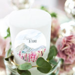 Mountain Wedding Watercolor Pink Wildflower Meadow Classic Round Sticker<br><div class="desc">Mountain wedding stickers with bride and groom names and an idyllic country landscape of blue ridge mountains and pink wildflower meadow. Customize with the design tool to drag the text into the best position for your names. Beautiful nature inspired scenic design - perfect for outdoor destinations, mountain lakeside and country...</div>