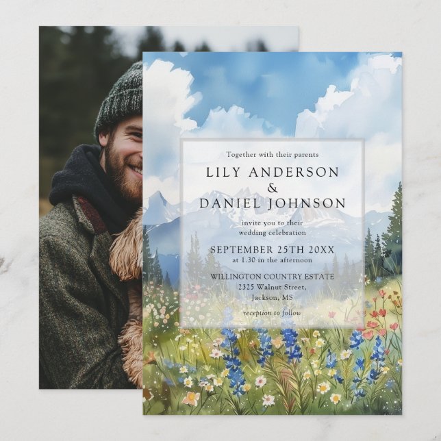 Mountain Wildflower Floral Meadow Wedding Photo Invitation (Front/Back)