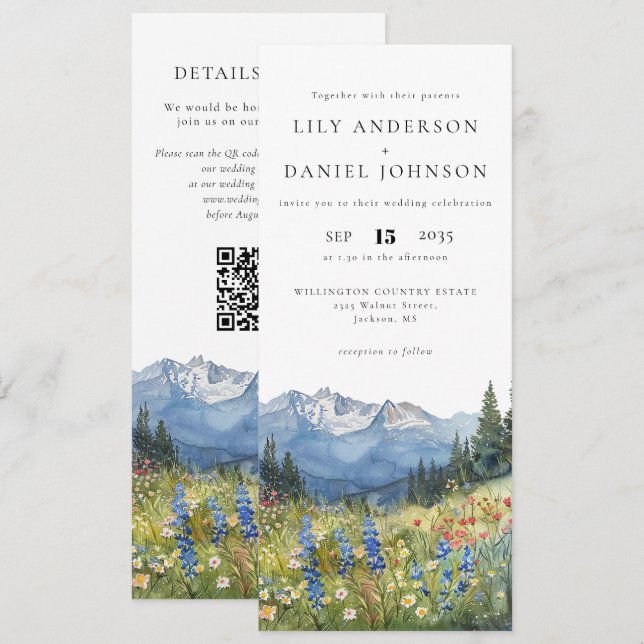 Mountain Wildflower Floral QR Code Wedding Invitation (Front/Back)