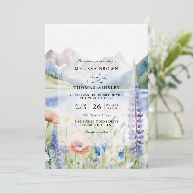 Mountain Wildflower Landscape QR Code Wedding Invitation (Standing Front)