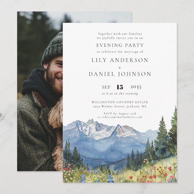 Mountain Wildflower Photo Wedding Evening Party Invitation (Front/Back)