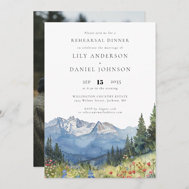Mountain Wildflower Photo Wedding Rehearsal Dinner Invitation (Front/Back)
