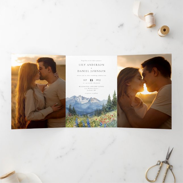 Mountain Wildflower QR Code 3 Photo Wedding Tri-Fold Invitation (Inside)