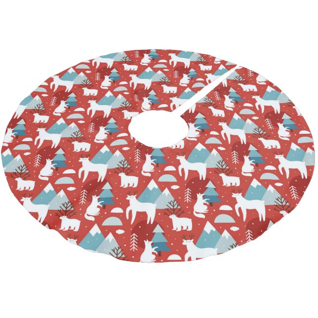 Mountain Wildlife Red and Blue Pattern Brushed Polyester Tree Skirt (Angled)