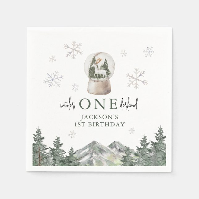 Mountain Winter Onederland 1st Birthday Party Napkin (Front)