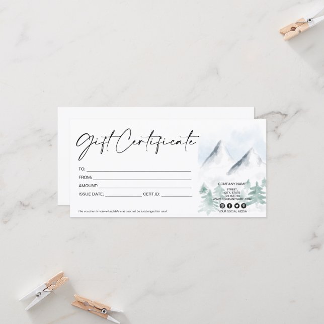 mountain winter pines gift card certificate (Front/Back In Situ)