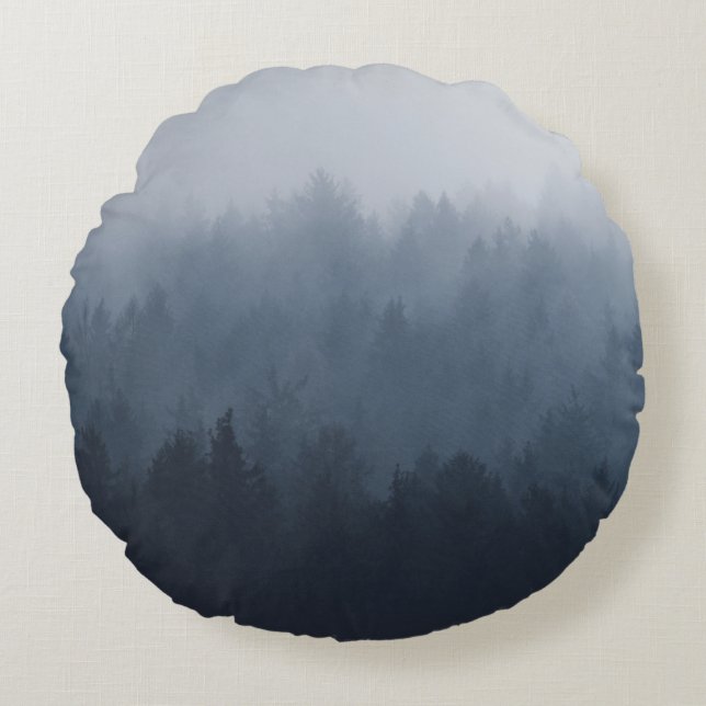 MOUNTAIN WITH FOREST IN THE FOG ROUND PILLOW (Front)
