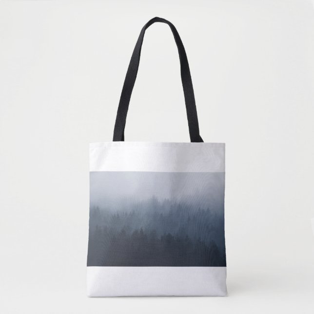 MOUNTAIN WITH FOREST IN THE FOG TOTE BAG (Front)