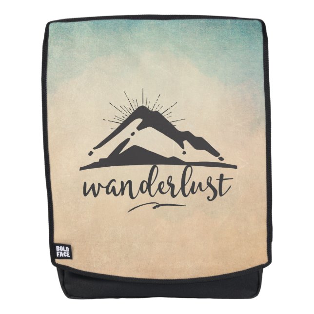 Mountain with Sunrays and Wanderlust Typography Backpack (Front)