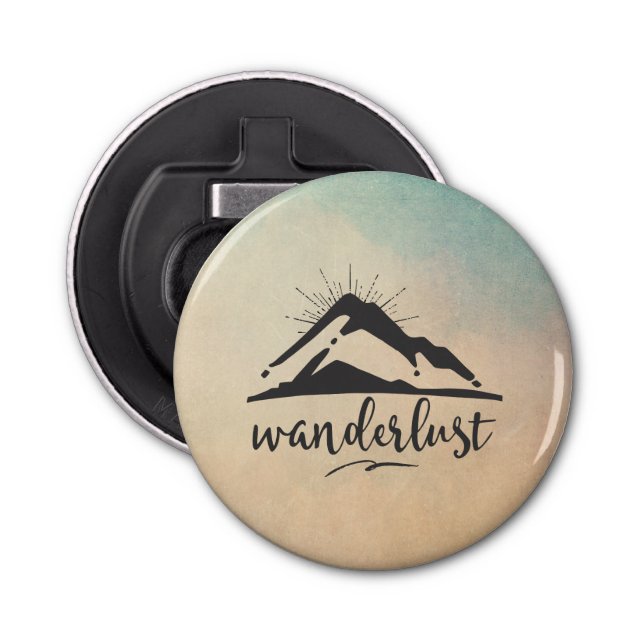 Mountain with Sunrays and Wanderlust Typography Bottle Opener (Front)