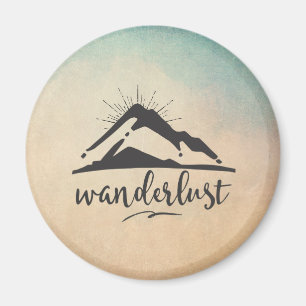 Mountain with Sunrays and Wanderlust Typography Magnet