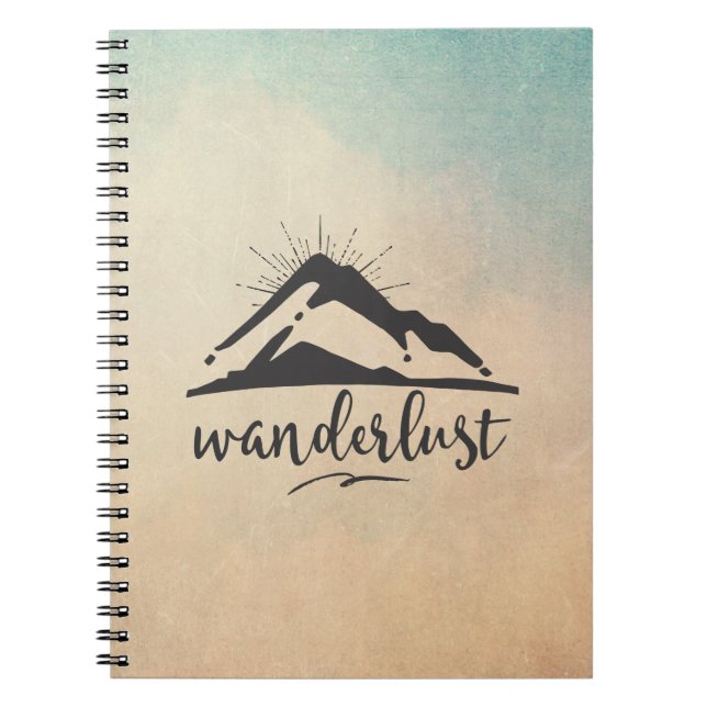 Mountain with Sunrays and Wanderlust Typography Notebook (Front)