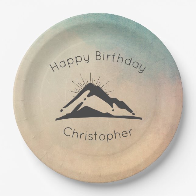 Mountain with Sunrays Happy Birthday Paper Plate (Front)