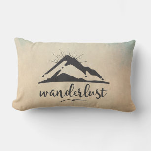 Mountain with Sunrays - Wanderlust Typography Lumbar Pillow