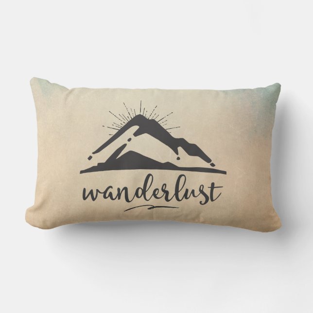 Mountain with Sunrays - Wanderlust Typography Lumbar Pillow (Front)