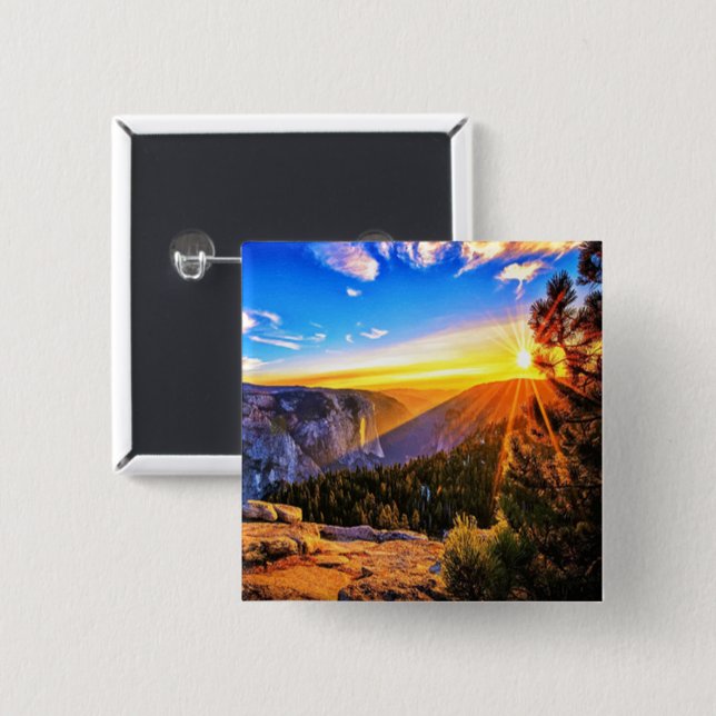 Mountain with sunrise photo 2 inch square button (Front & Back)