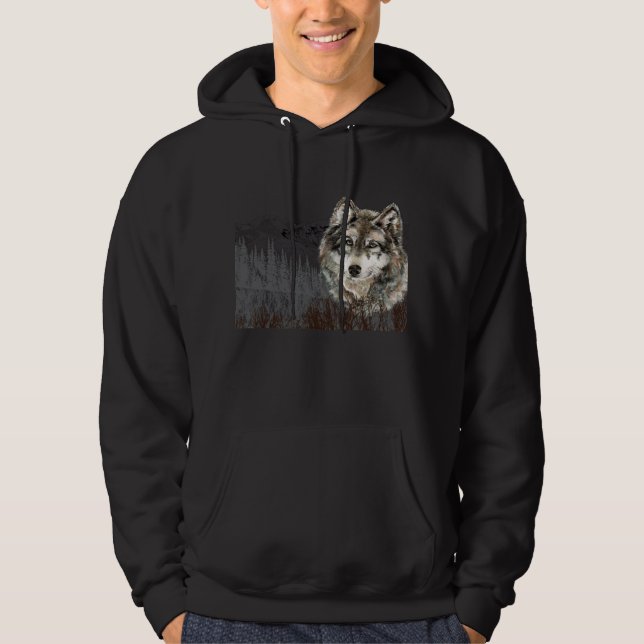 Mountain with Watercolor Wolf Animal wilderness Hoodie (Front)