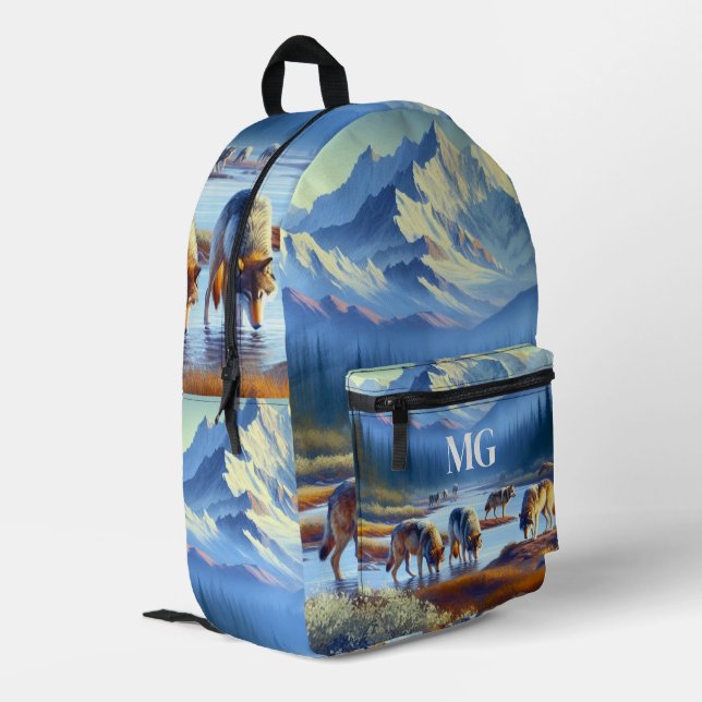Mountain with Wolves AI Blue Printed Backpack (Back Corner Left)
