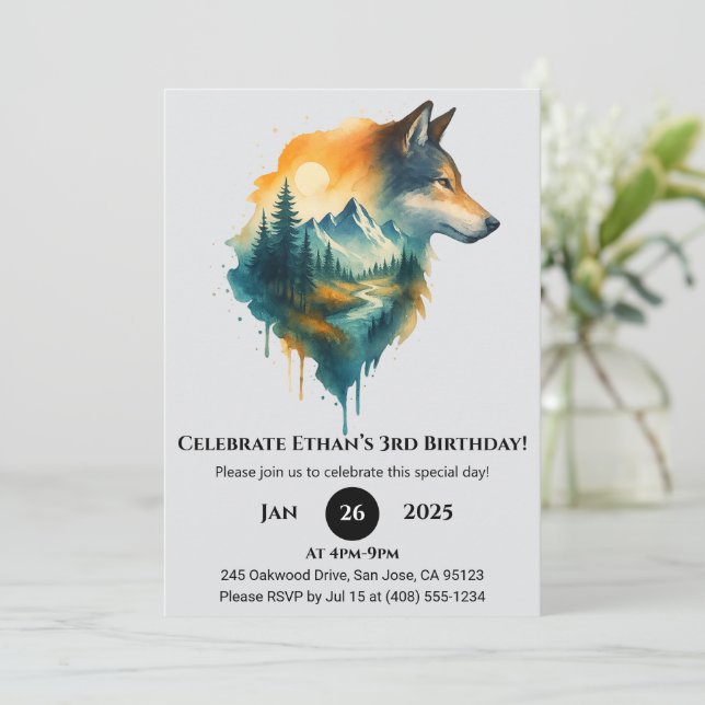 Mountain Wolf Birthday Invitation (Standing Front)