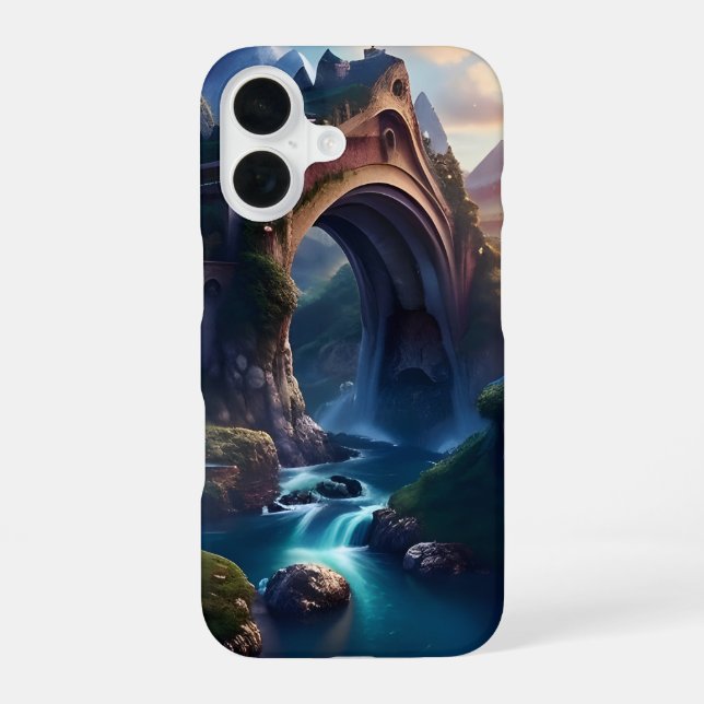 Mountainous Bridge Over Waterfalls iPhone 16 Case (Back)